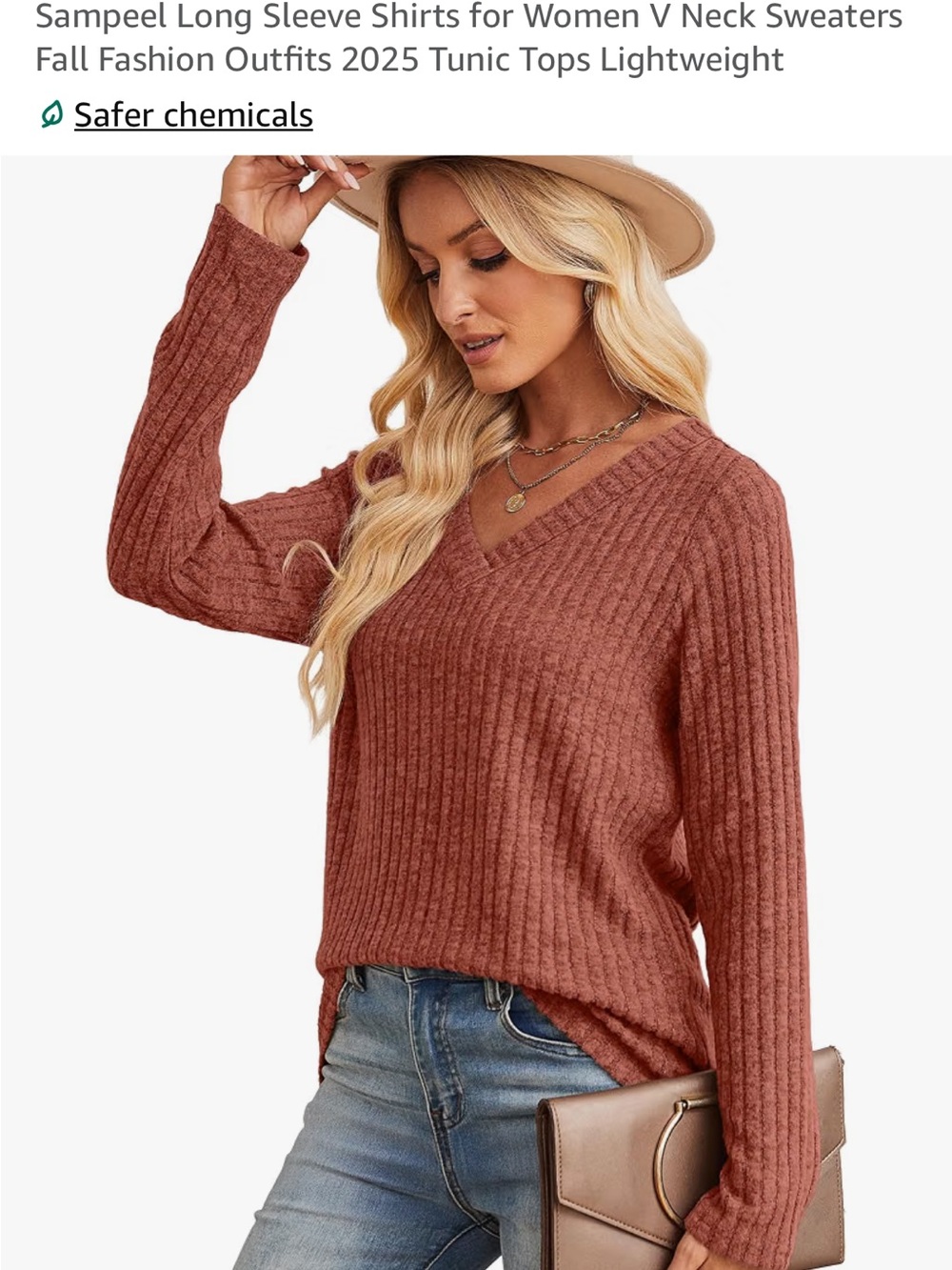 Women's V-Neck Ribbed Sweater in Rust - Picture 4 of 4